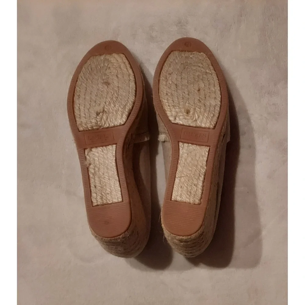 Lauren Ralph Lauren Womens Tan Natural Linen Carmondy Wedges Shoes EUC Size 7.5